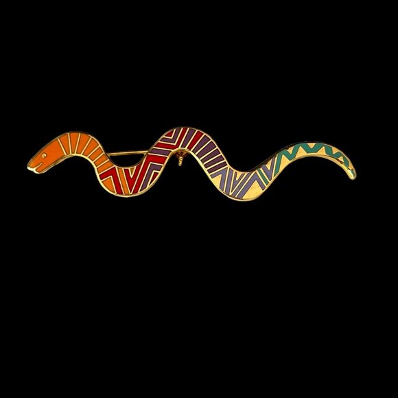 Vintage Laurel Burch Snake Pin Brooch Earrings Cloisonne Rainbow Multico… - Picture 3 of 10